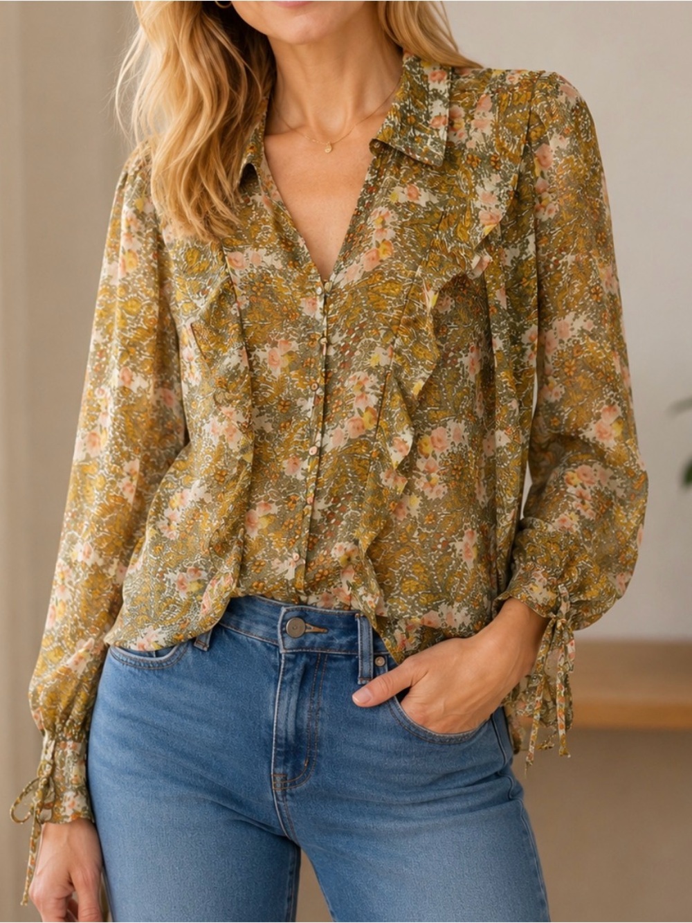 Tahari XL floral ruffle lightweight cottagecore shabby chic long sleeve blouse
